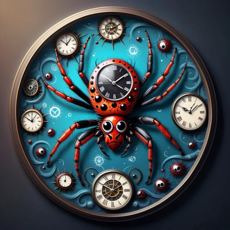 Clock Shaped Like A Jumping Spider, Ink Art Style, Kawaii, H...