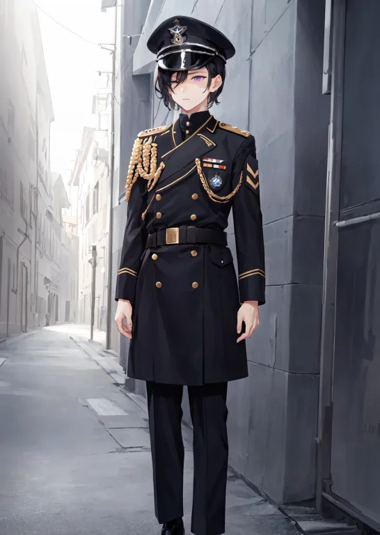 Solo, 1boy, Serious, Standing, Arms Behind Back, Short Black...