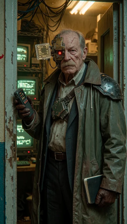 Dcsc1f1. Medium Shot, Eye-level View Of An Older Cyberpunk D...