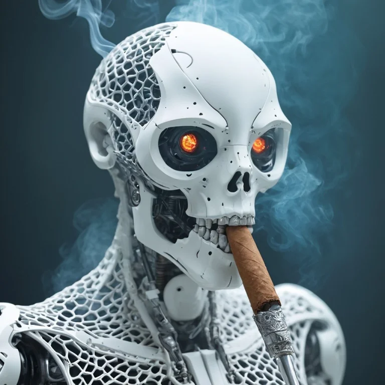 Cgi Movie Scene, Sinister Gyroid Robot Face, Smoking A Cigar...
