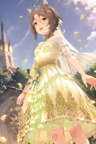 Fine Motion Umamusume, Tiara, Bridal Veil, Yellow Hair Ribbo... — Stable Diffusion AI Prompt: fine motion \(umamusume\), tiara, bridal veil, yellow hair ribbon, lace sleeves,...