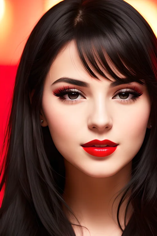 Hot Young Woman With Long Glossy Black Hair, Glossy Red Lips...