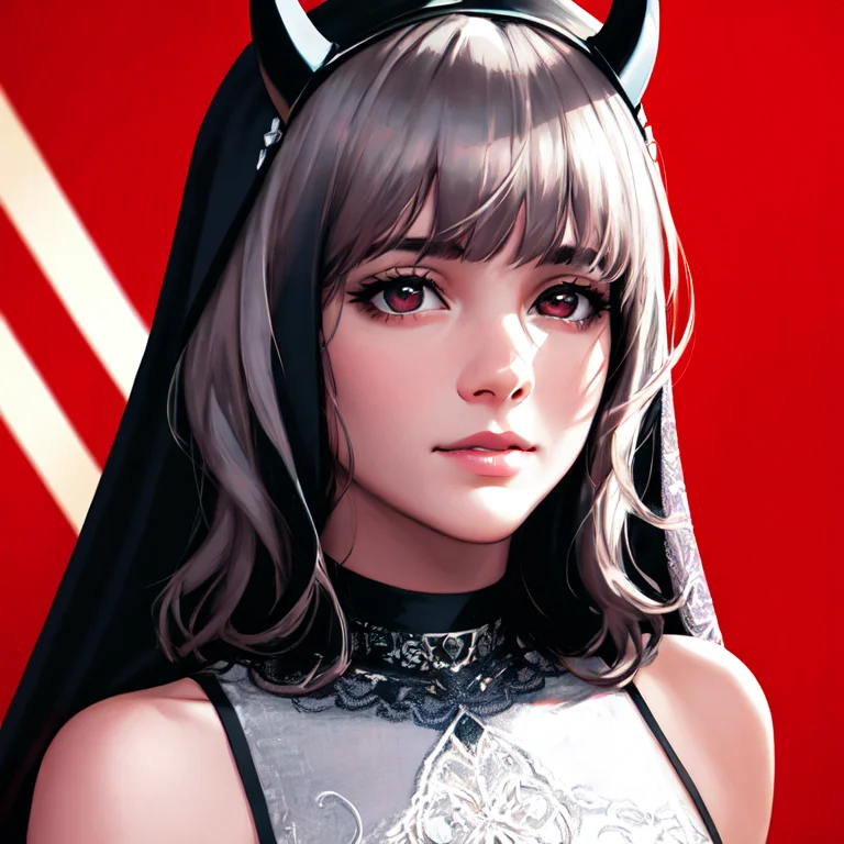 Mwlop, 1girl, Young, Solo1.2, Nun, Demon Horns1.1,white Hair...