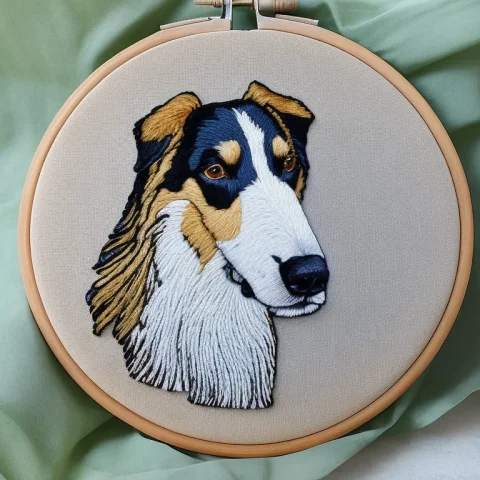Borzoi Dog With Long Snout Embroidery By Embarg — Stable Diffusion AI Prompt: borzoi dog with long snout embroidery by embarg