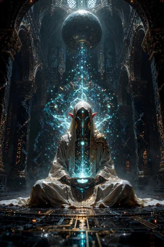 Grimmsfantasy A Cybernetic Elven Mystic Rests In A Profound,... — Stable Diffusion AI Prompt: grimmsfantasy A cybernetic elven mystic rests in a profound, breathless meditati...
