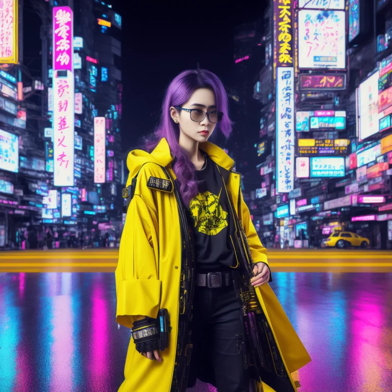 Woman In A Yellow Coat Cyberpunk In A Japanese Neon City, Be...