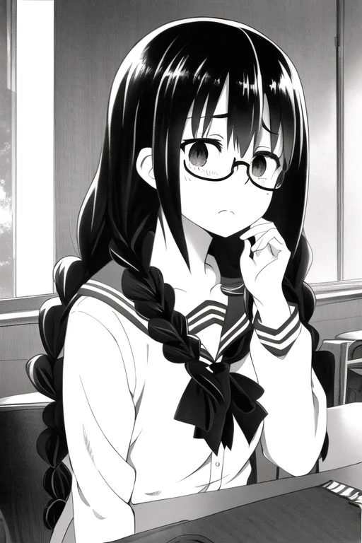 V277013, Monochrome, 1girl, Square Glasses, Black Glasses1.3...