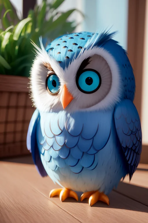 Cute Small Blue Owl Waving Hello Unreal Engine, Cozy Indoor...