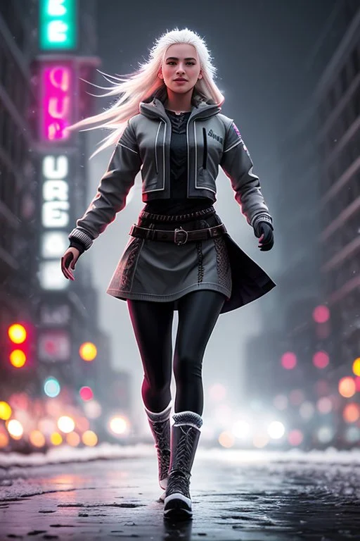 A Young Slavic Woman, Platinum Blonde, Run, Street, Grin, Bi...