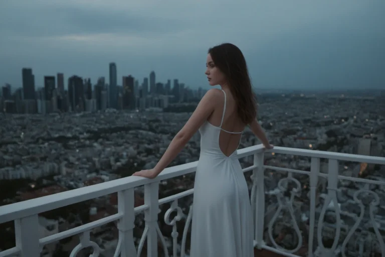 A Woman In A White Dress Standing On A Balcony With A Balcon...