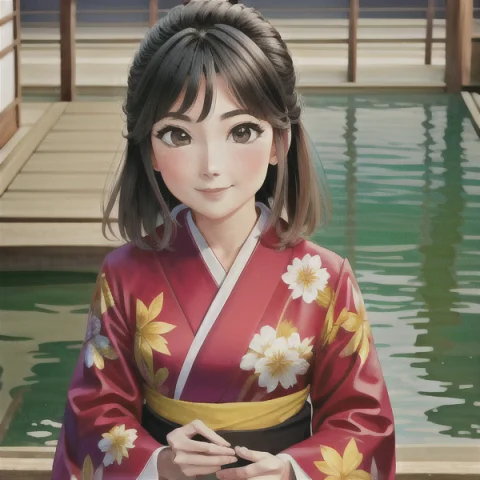A Masterpiece Portrait Of Smiling Saya Otonashi, Kimono, Koi... — Stable Diffusion AI Prompt: a masterpiece portrait of smiling Saya Otonashi, kimono, koi karp print, summer