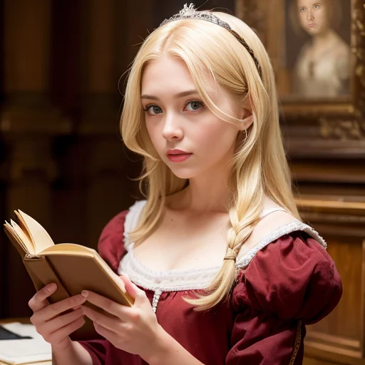 1girl, Medieval Era, Blondehair, Full Body,with A Book In Ha...
