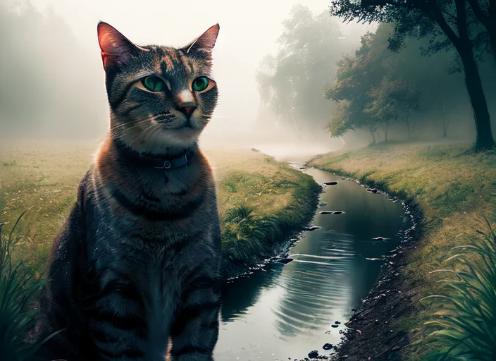 Closeup Portrait Of Nkoctst Cat In A Misty Field Touching A...