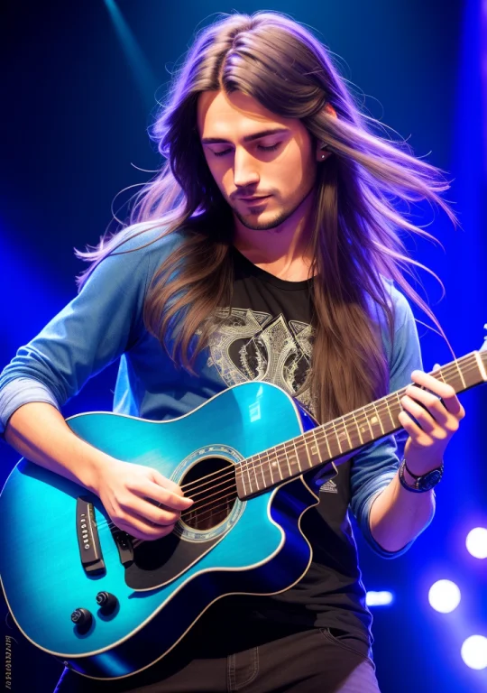 A Man With Long Hair Playing A Guitar On Stage At A Concert...