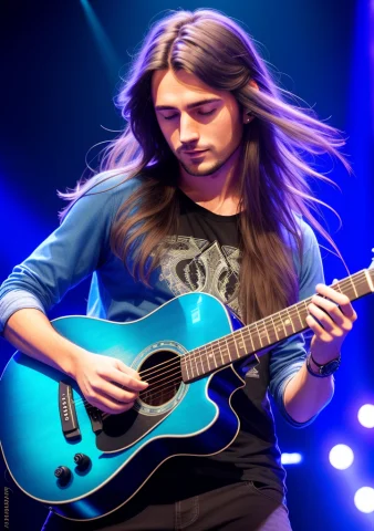 A Man With Long Hair Playing A Guitar On Stage At A Concert... — Stable Diffusion AI Prompt: a man with long hair playing a guitar on stage at a concert with blue lights beh...