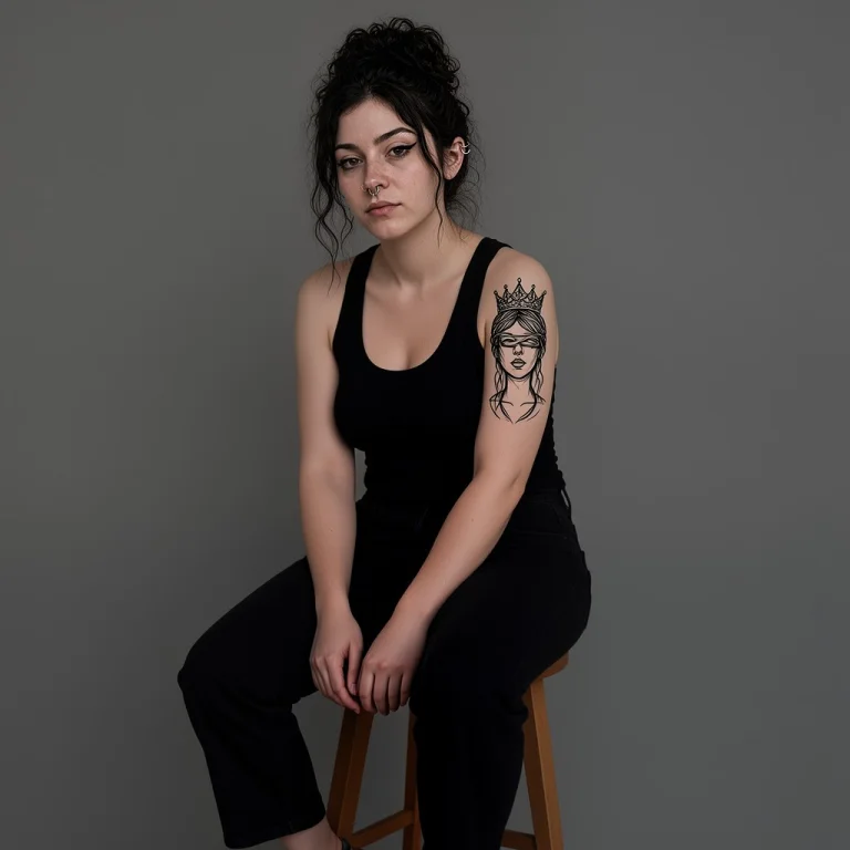 Mvoss Sitting On A Wooden Stool In A Gray Studio, Knees Toge...