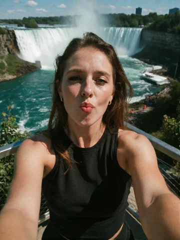 Candid Selfie Of A Woman In Her Forties Wearing Makeup At A... — Stable Diffusion AI Prompt: Candid selfie of a woman in her forties wearing makeup at a viewpoint overlookin...