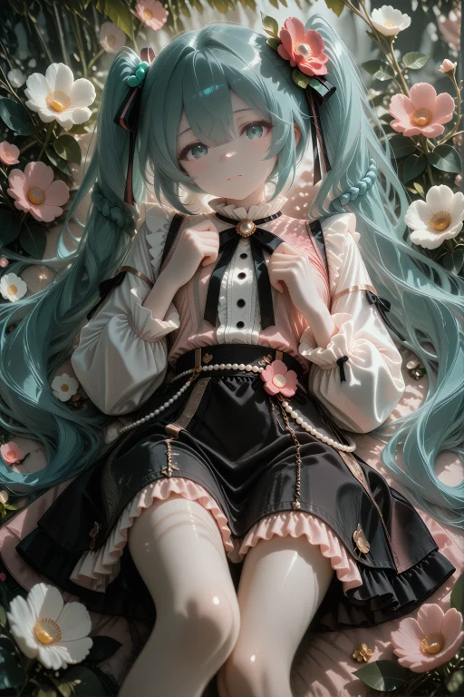 , , A Young Woman With Extremely Long Teal Twin-tails Reclin...