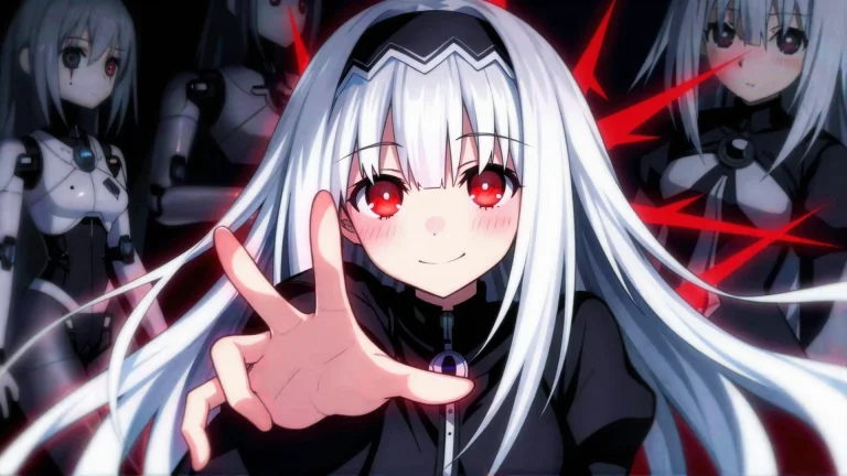 Maria Arusu With Long White Hair. Her Eyes Are Wide Open And...