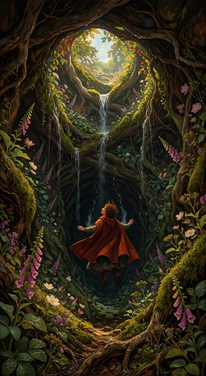 , A Small Figure In A Red Hooded Cape Falls Feet-first Throu...