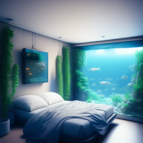Bedroomai, A Bedroom With An Aquarium Inside — Stable Diffusion AI Prompt: (bedroomai)++, a bedroom with an aquarium inside