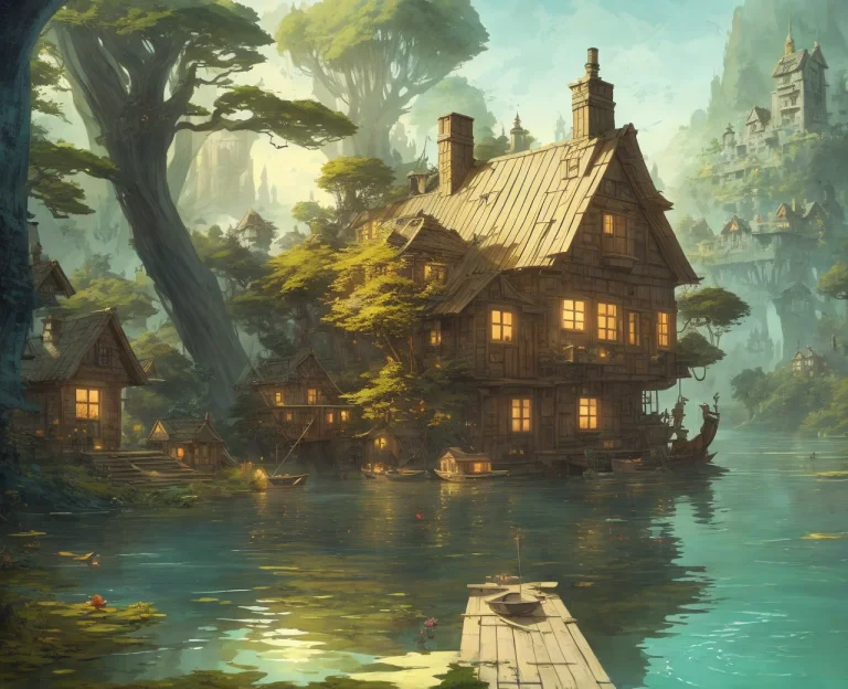A Painting Of A House In The Woods By A Lake With A Boat In...