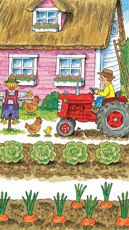 A Person On A Red Tractor By Richard Scarry, Plowing A Field...
