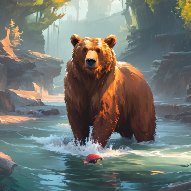 A Bear Standing In A Stream Catching Salmon Alone Portrait S...