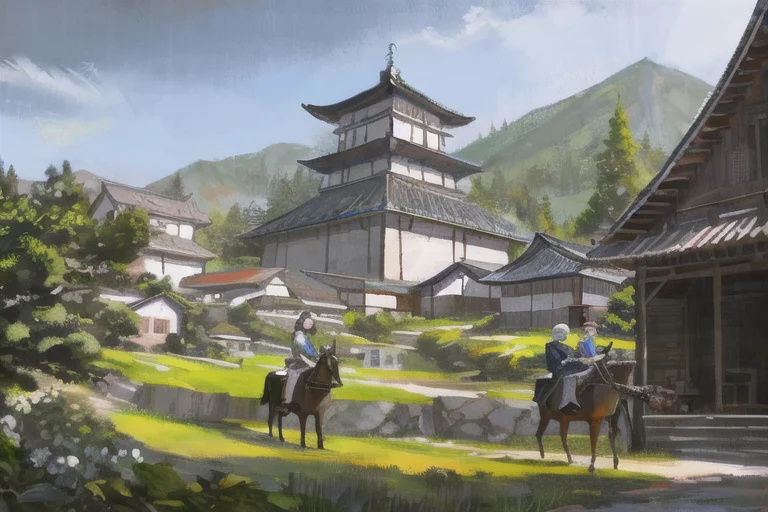 A Painting Of A Village With A Couple Of People Riding Horse...