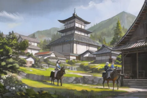 A Painting Of A Village With A Couple Of People Riding Horse... — Stable Diffusion AI Prompt: a painting of a village with a couple of people riding horses and a man on a hor...