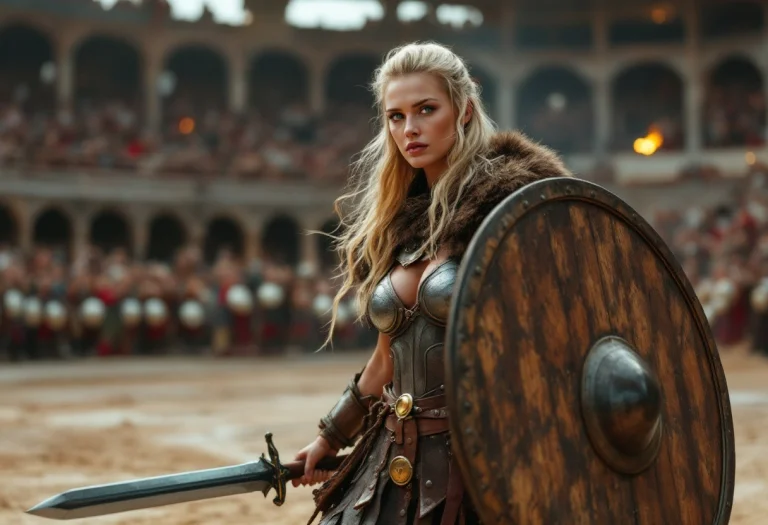 A Swedish Blonde Woman, Gladiator, Dress In Viking Style Arm...