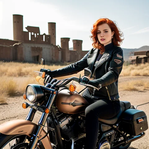 Beautiful Girl On A Harley-davidson Motorcycle, 35 Y.o Woman... — Stable Diffusion AI Prompt: beautiful girl on a Harley-Davidson motorcycle, 35 y.o woman in wastelander clot...