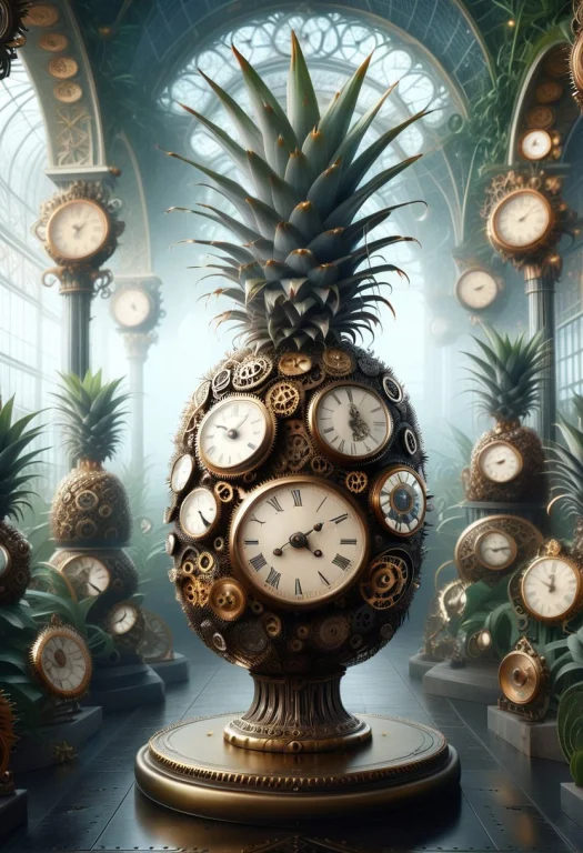 8k, Raw Digital Photo, A Pineapple Standing On An Antique Br...