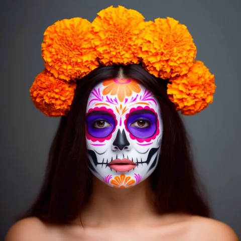 Cinematic Portrait Photography, Woman With Day Of The Dead S... — Stable Diffusion AI Prompt: Cinematic portrait photography, woman with Day of the Dead sugar skull makeup, f...