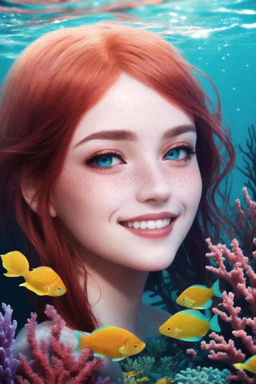 Underwater Portrait, Coral Reef Style Mermaid, Flowing Red H...
