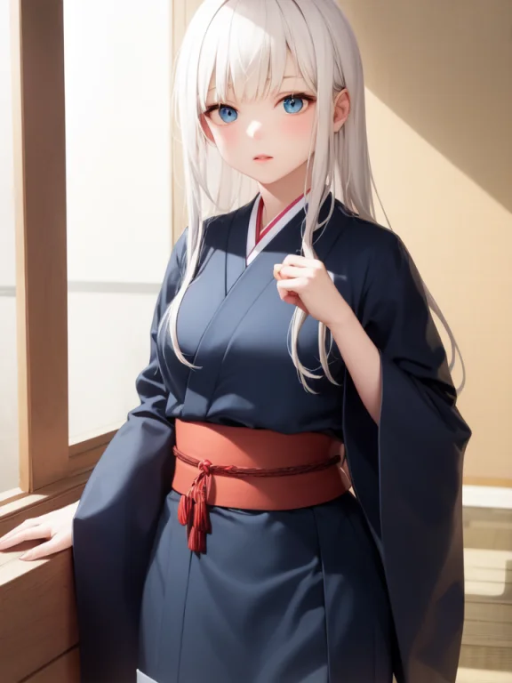 Short Yukata Obi, White Hair, Long Hair, Indoors, Cowboy Sho...