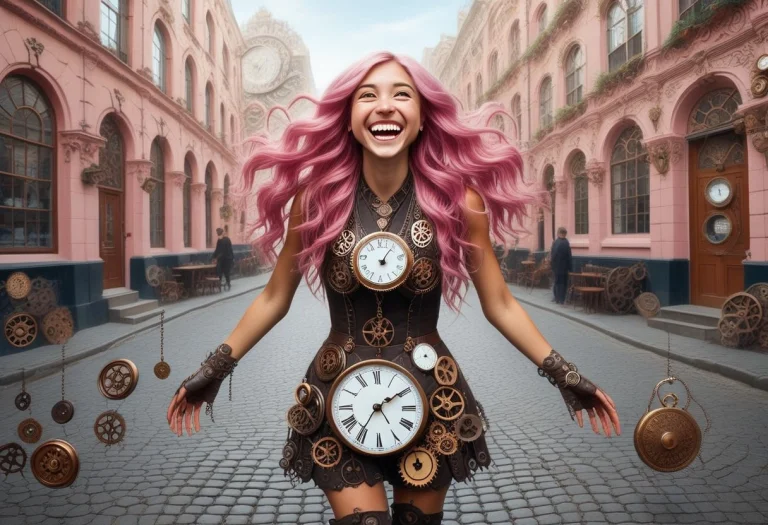 Full Body Shot, A Young Woman Running Late Through A Steampu...