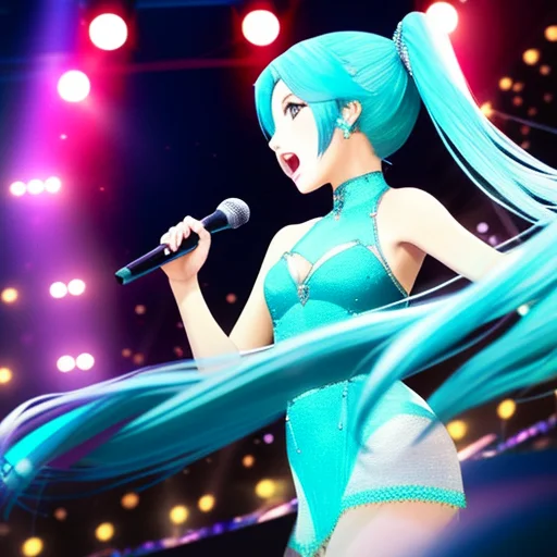Masterpiece, Best Quality, Miku Hatsune Singing On A Stage A...