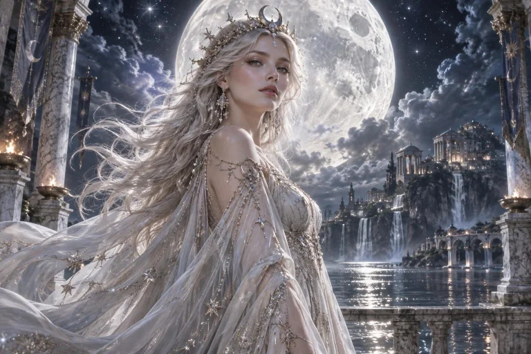 Ethereal Moon Goddess Standing Before An Enormous Full Moon,...