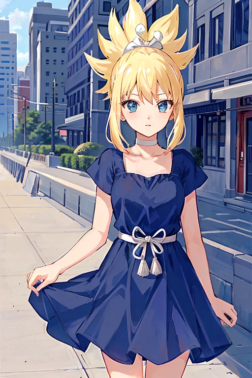 Kohaku Dr. Stone, Blue Dress, Choker, Rope Belt, Cowboy Shot...