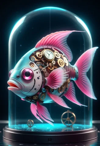 8k, Raw Digital Photo, A Small Tropical Fish With A Clock Me... — SDXL AI Prompt: 8k, Raw digital photo, a small tropical fish with a clock mechanism, glowing cya...