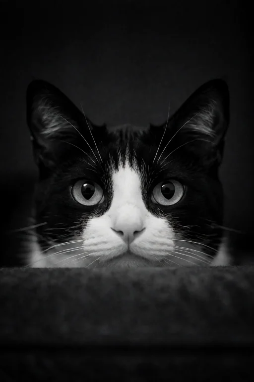 Black And White Close-up Of A Tuxedo Cat Peeking Over A Dark...