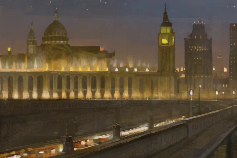A Painting Of A City At Night With A Distant Building In The...