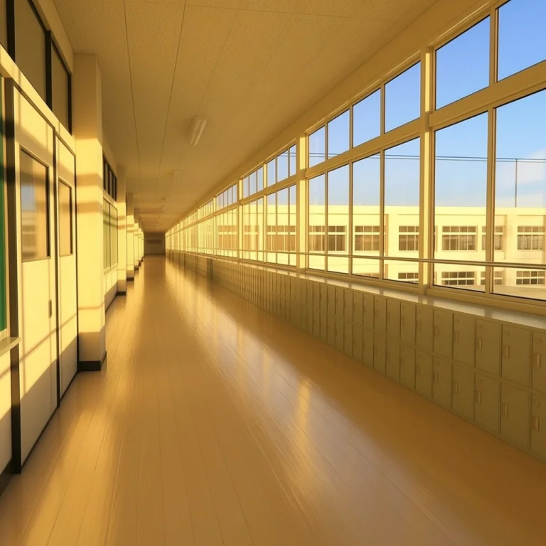 Japanese Highschool Hallway In The Morning.