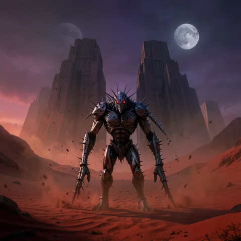 A Wide Cinematic Shot Of The Shrike Standing Silently In Fro... — Stable Diffusion AI Prompt: A wide cinematic shot of the Shrike standing silently in front of the massive, a...