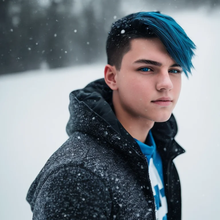 Portrait Of Teen Boy With Blue Hair And With Cute Face, Nort...