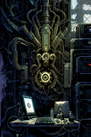 Photo Of A Computer On A Desk Loratarot Card0.8, Dangerous D... — Stable Diffusion AI Prompt: Photo of a computer on a desk , dangerous depressing atmosphere, intricate, eleg...