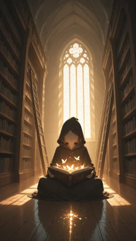 A Young Girl Wizard In A Cozy Hooded Cloak, Sitting Cross-le... — Stable Diffusion AI Prompt: A young girl wizard in a cozy hooded cloak, sitting cross-legged on the wooden f...