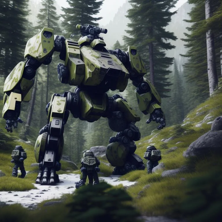 A A Group Of Battlemechs Patrolling In An Alpine Forest, Ins...