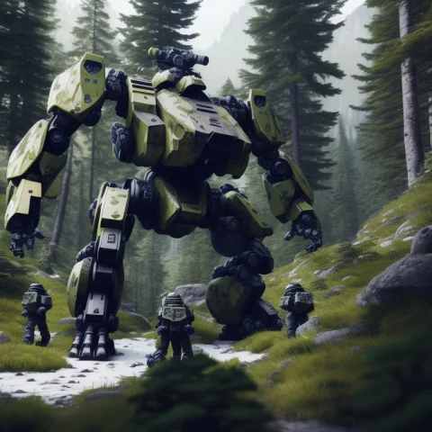 A A Group Of Battlemechs Patrolling In An Alpine Forest, Ins... — Stable Diffusion AI Prompt: A a group of battlemechs patrolling in an alpine forest, inspired by FASA, reali...